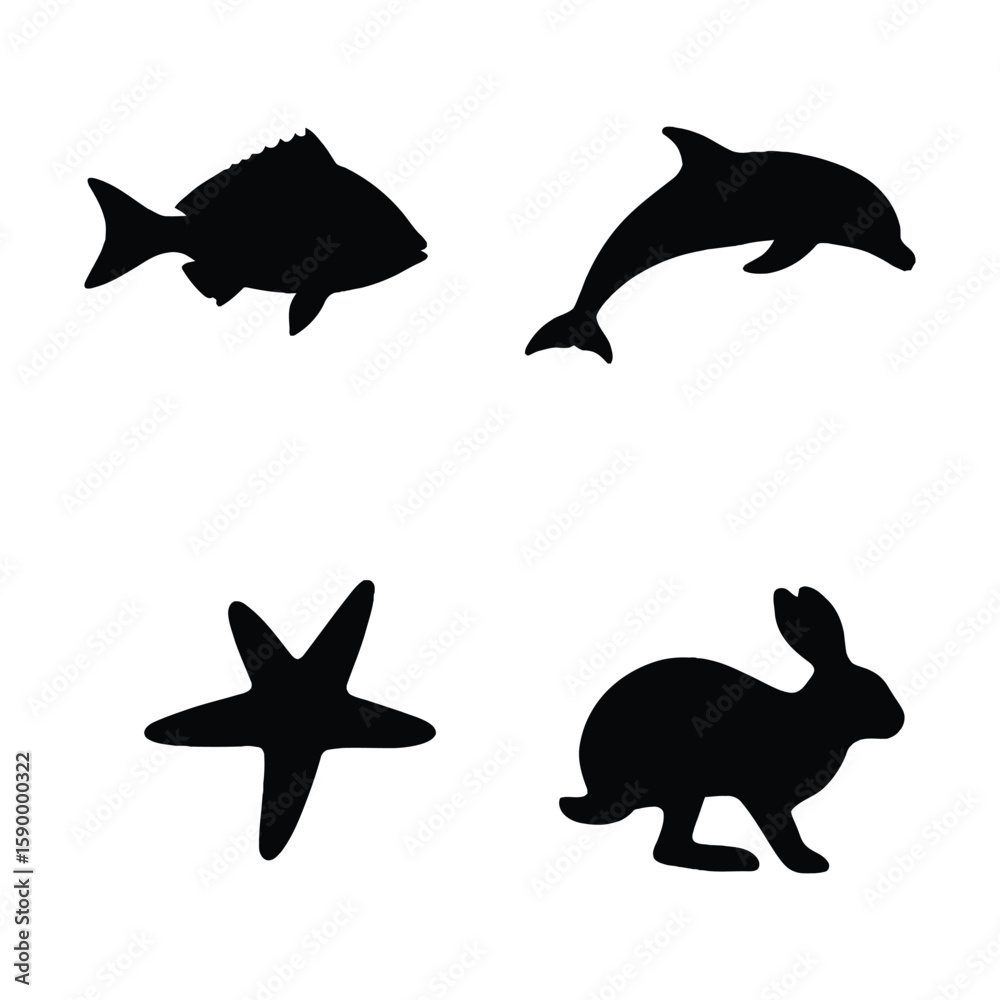 Fototapeta premium Diverse Silhouettes of Marine and Terrestrial Animals Fish Dolphin Starfish Rabbit.