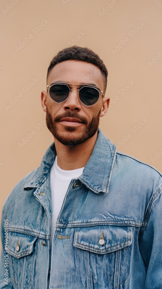 Obraz premium Portrait of Man in Retro Sunglasses and Faded Denim Jacket Against Beige Backdrop