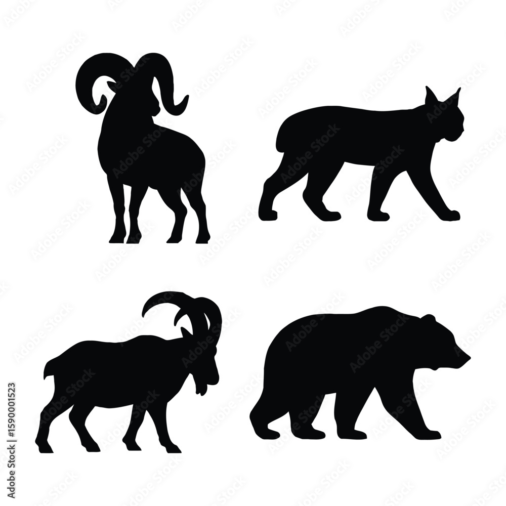 Naklejka premium Silhouette Collection Majestic Mountain Animals A Variety of Wildlife Posed with Strength.