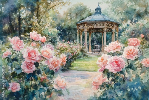 Beautiful Garden Gazebo Surrounded by Blooming Roses in a Sunny Afternoon