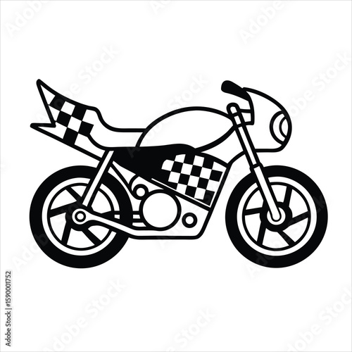 Black and white illustration of a racing motorcycle with checkered flag details motorbike sport