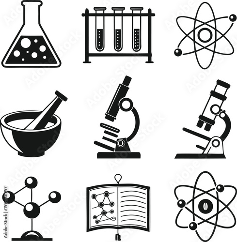 Black Science Icon Set – Chemistry, Lab, DNA, Microscope & Atom Symbols