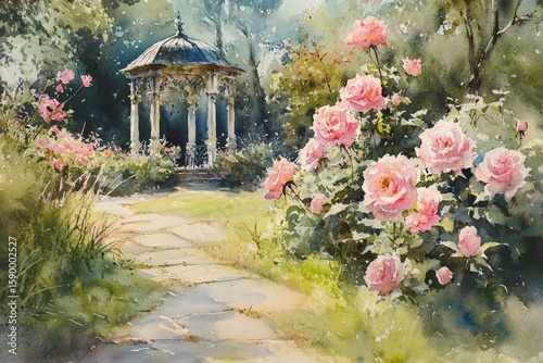 Floral Path Leads to a Charming Gazebo Surrounded by Blooming Roses in a Tran...