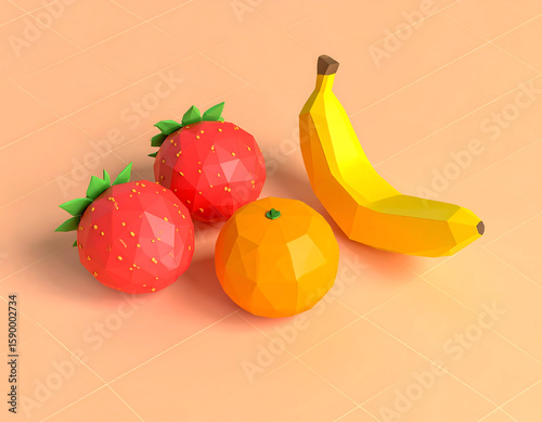 Low-poly style fruits, including strawberries, orange, and banana, arranged on a peach background.