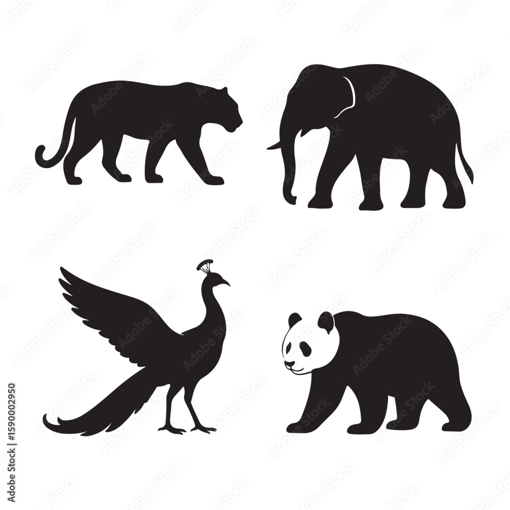 Naklejka premium A Collection of Animal Silhouettes Featuring a Tiger Elephant Peacock and Panda.