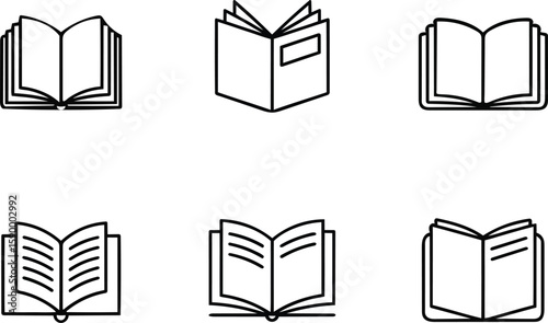 Six Simple Line Art Book Icons: Open, Closed, and Partially Open Book Illustrations.