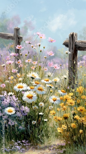 Beautiful Wildflower Garden With Wooden Fence in Springtime Bloom