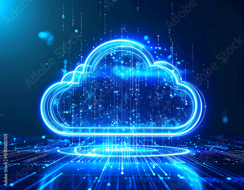 Glowing digital cloud symbol, data streams, futuristic technology concept.