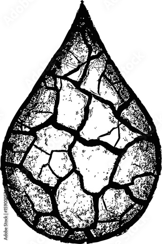 Black and white cracked texture in a raindrop shape depicting drought concept. Vector illustration