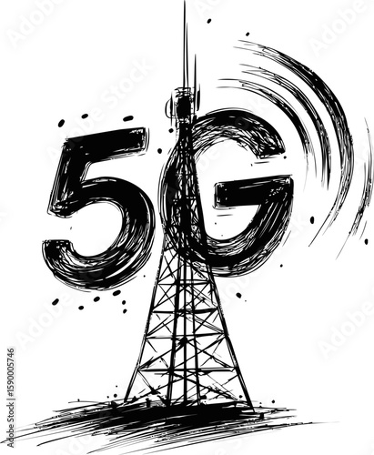 Black and white 5g network tower illustration with conceptual signal waves. Vector illustration