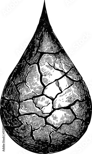 Cracked dry earth shaped as water droplet in black and white illustration. Vector illustration