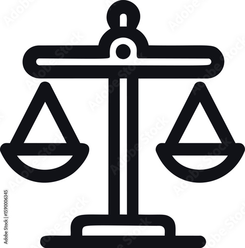Balanced scales icon in black and white minimalist style for justice concept. Vector illustration