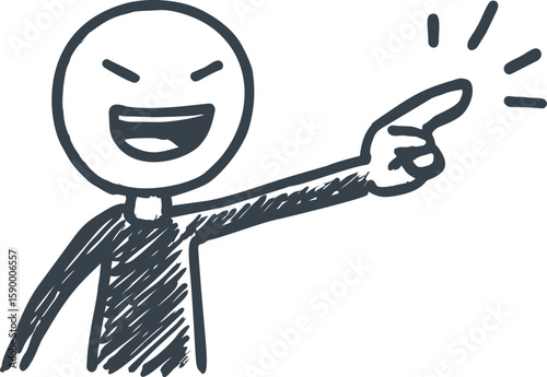 Smiling stick figure pointing with excitement in a monochrome sketch, concept art. Vector illustration