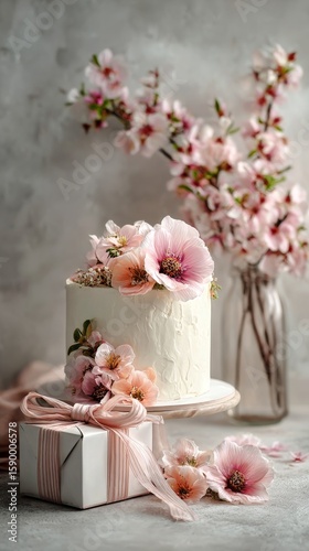 Beautiful Floral Cake Display With Spring Blossoms and Gift on a Table