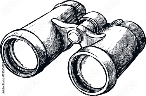 Detailed black and white sketch of vintage binoculars with intricate design. Vector illustration