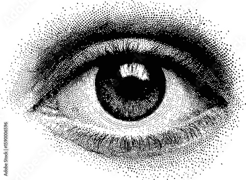 Detailed ink illustration of a human eye using pointillism technique. Vector illustration