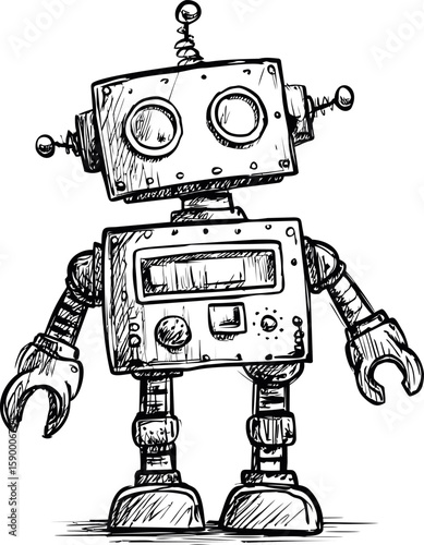 Sketchy illustration of a vintage robot with antennas and gears, cartoon concept. Vector illustration