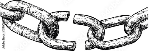 Broken chain link sketch showing concept of freedom and liberation, black and white. Vector illustration