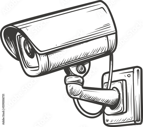 Black and white illustration of a surveillance camera on a wall mount. Vector illustration