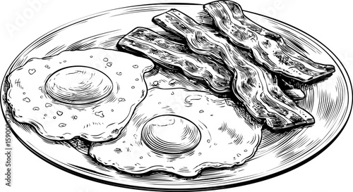 Black and white illustration of eggs and bacon on a plate, sketch art style. Vector illustration