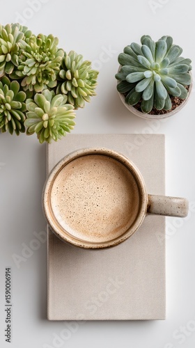 Morning Coffee on a Soft Book With Succulent Plants in a Bright Indoor Setting