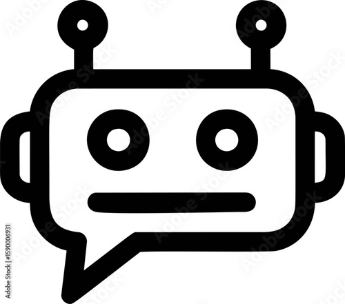 Black and white chat bot icon with antenna and expressionless face. Vector illustration