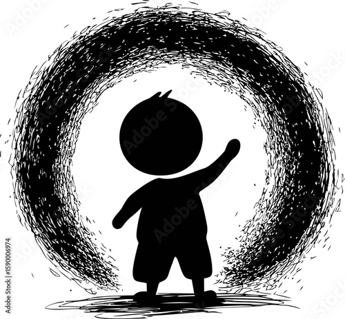 Silhouette of child waving in front of abstract black swirling pattern. Vector illustration