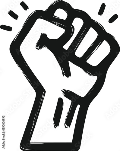 Raised clenched fist symbolizing strength and unity in black and white sketch. Vector illustration