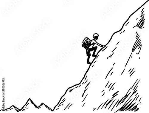 Black and white drawing of a climber scaling a steep mountain face, inspiring journey. Vector illustration