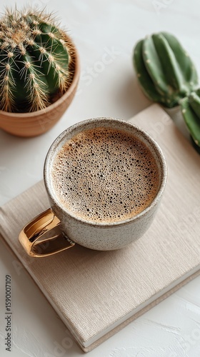 Morning Coffee on a Soft Book With Succulent Plants in a Bright Indoor Setting.