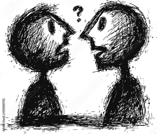 Sketch of two figures engaged in conversation with question mark overhead. Vector illustration