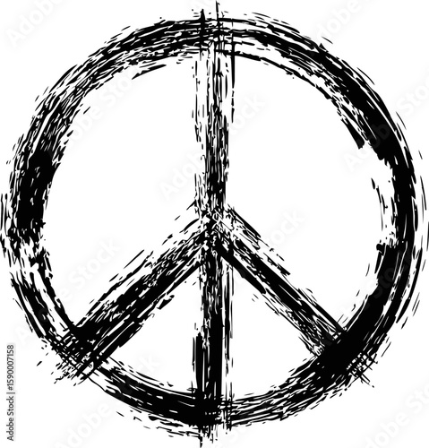Abstract black and white grunge peace symbol with rough brush strokes. Vector illustration