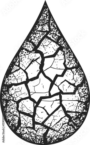 Cracked black and white teardrop shape illustrating dryness concept. Vector illustration