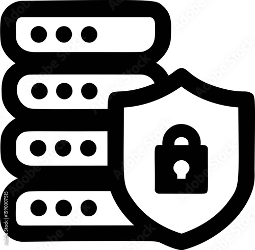 Server with a shield and lock icon representing data protection concept. Vector illustration