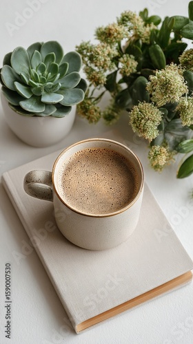 Coffee Cup With Frothy Beverage Beside Plant on a Textured Surface.