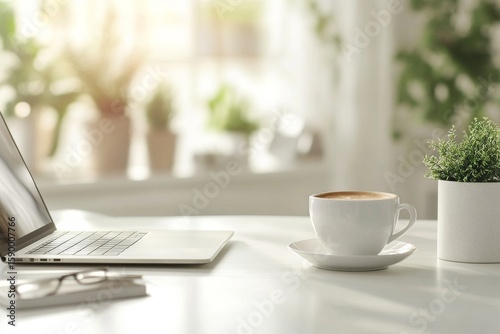 Working at Home With Laptop, Coffee, and Potted Plant in a Bright, Cozy Works...