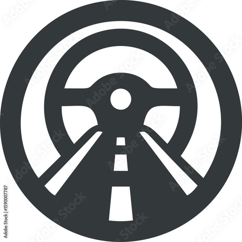 Black steering wheel with road symbol in circle, 3d icon of driving concept. Vector illustration