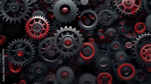 Wallpaper Mural Mechanical system formed by gears and modular components in black and red, showcasing technological precision. Torontodigital.ca