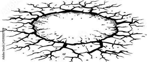 Cracked dry earth with intricate patterns in black and white illustration. Vector illustration