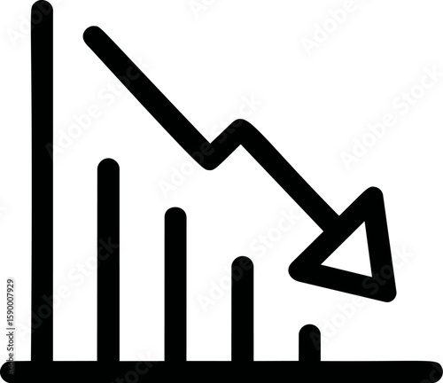 Black and white downward trend graph with arrow indicating decline. Vector illustration