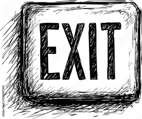 Black and white sketch of an exit sign with hand-drawn details. Vector illustration