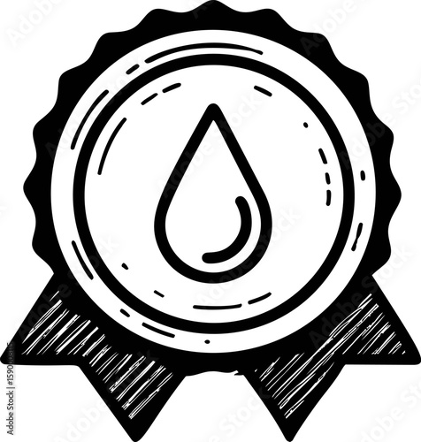 Black and white oil drop icon on a stylized award badge design sketch. Vector illustration