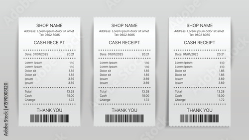 Realistic 3D Vector Paper Shop Receipts with Barcode – Isolated Printed Sales Bill Template for POS, ATM, and Payment Records Mockup