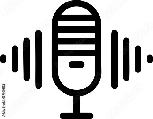 Microphone icon with sound waves in black and white minimalist design. Vector illustration