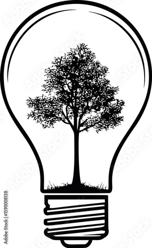 Tree silhouette inside light bulb symbolizing eco-friendly innovation. Vector illustration