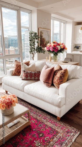 Cozy Living Room With Stylish Decor and Vibrant Flowers in a Modern City Apar...