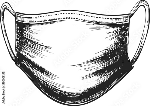 Black and white illustration of medical face mask with elastic loops. Vector illustration