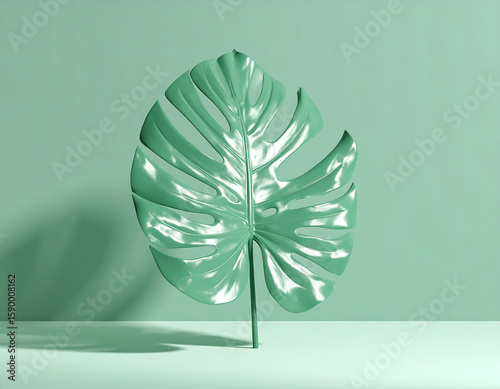 A vibrant, mint-green monstera leaf, centrally positioned against a mint-green backdrop.