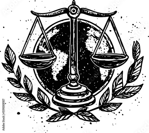 Scales of justice with earth and laurel leaves in black ink drawing. Vector illustration