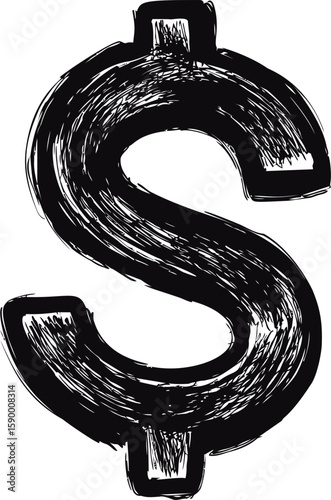 Black and white sketch of a bold dollar sign symbol in rough texture style. Vector illustration
